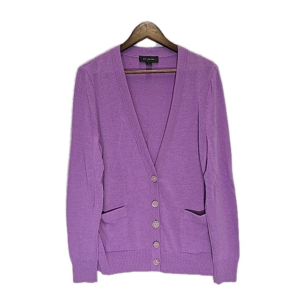 St. John XL Lavender Wool Knit V-Neck Cardigan Floral Buttons Quiet Luxury